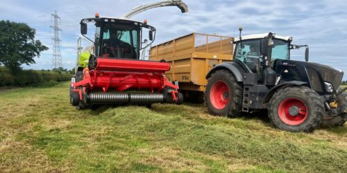 A red Kemper grass pick up attachment connected to a Claas forage harvester, collecting grass in a field next to an orange Richard Wester trailer. The trailer is being pulled by a black Fendt tractor.