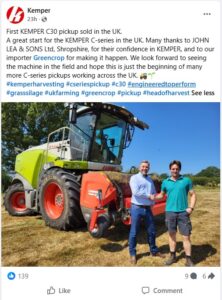 A Facebook post written and posted by Kemper announcing the first UK sale of their Kemper C30 Grass Pick up header. The post has a image of 2 men stood infront of the machine, shaking hands,